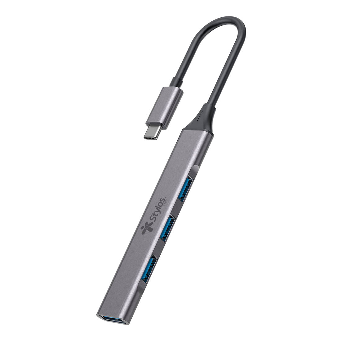 Hub 4 en 1 Stylos USB C a 3xUSB 2.0 + 1xUSB 3.0 con Caja Gris